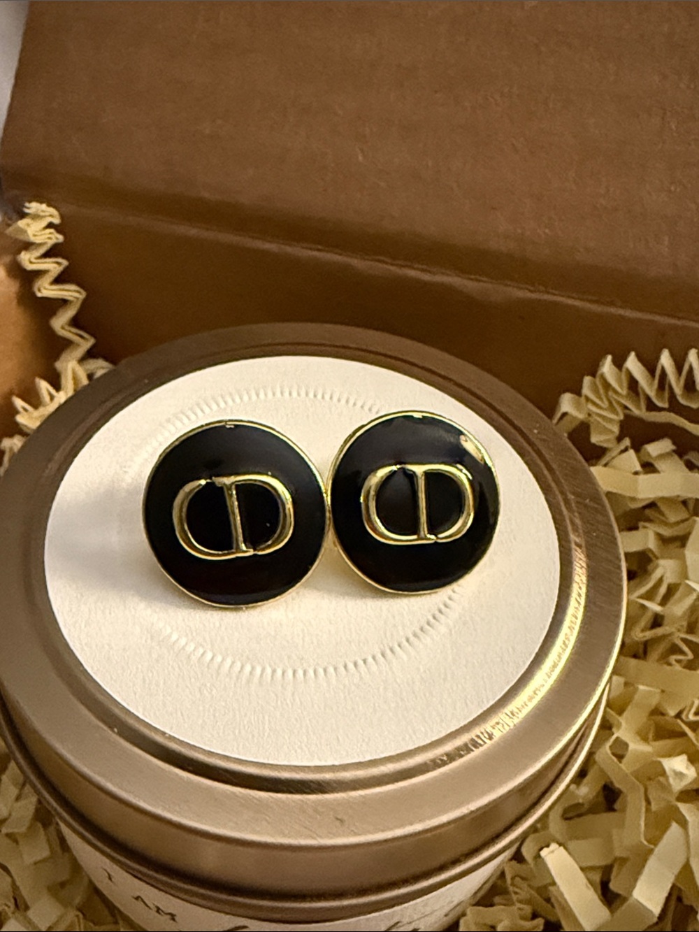 Fashion Jewelry Black and Gold Round Logo Button Earrings
